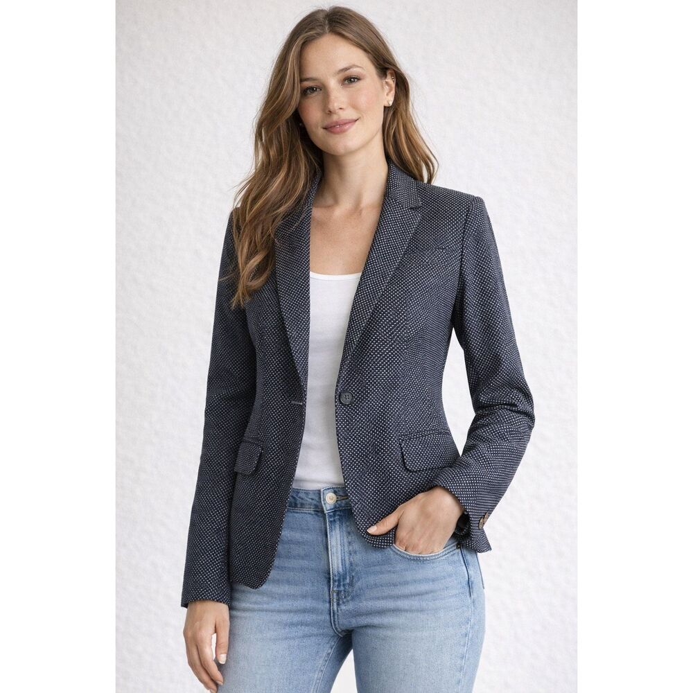 Esprit Polka Dot Blazer Women’s Size US 8 Navy Tailored One Button Casual Chic